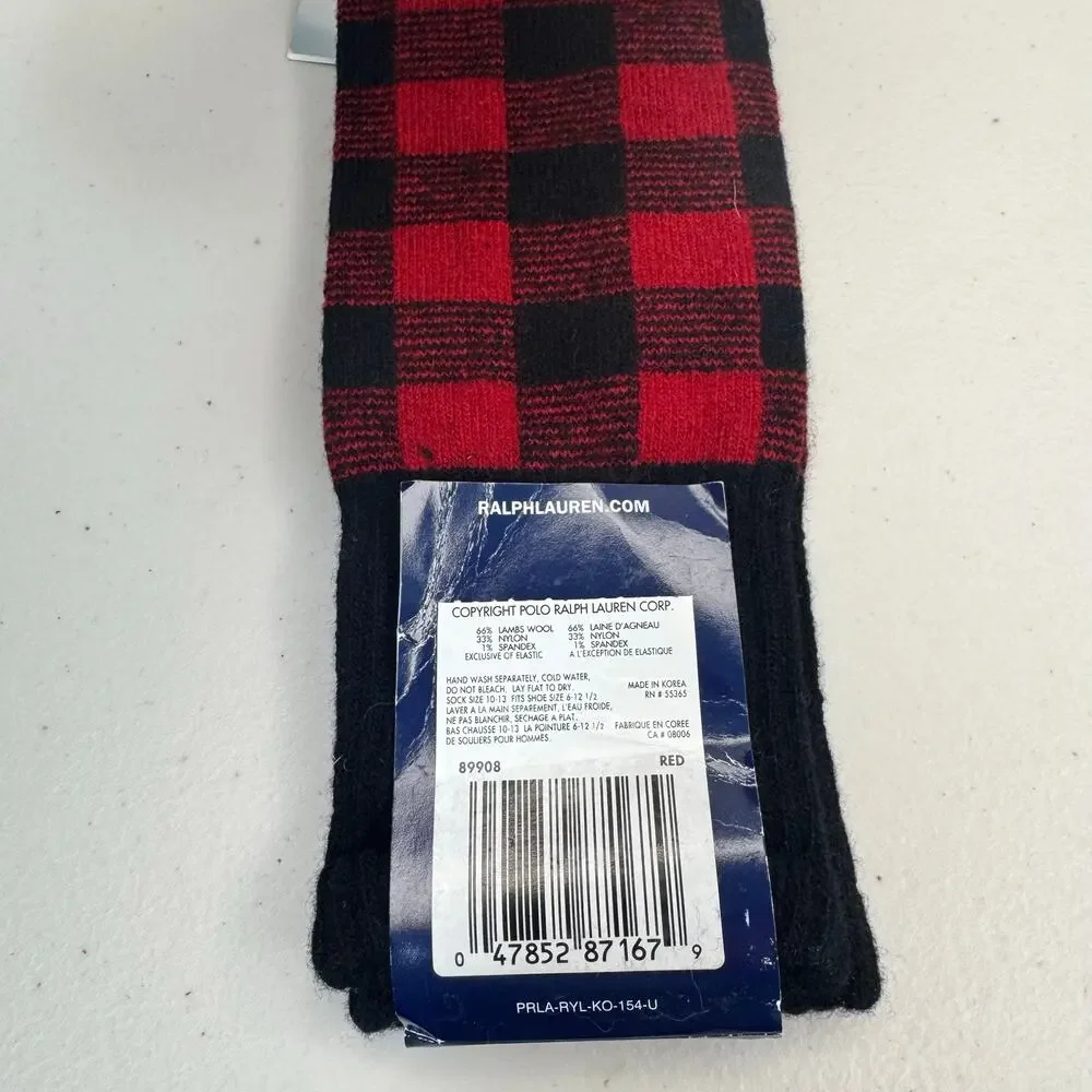 Polo Ralph Lauren Lambs Wool Blend Socks Red & Black Buffalo Plaid Check Print